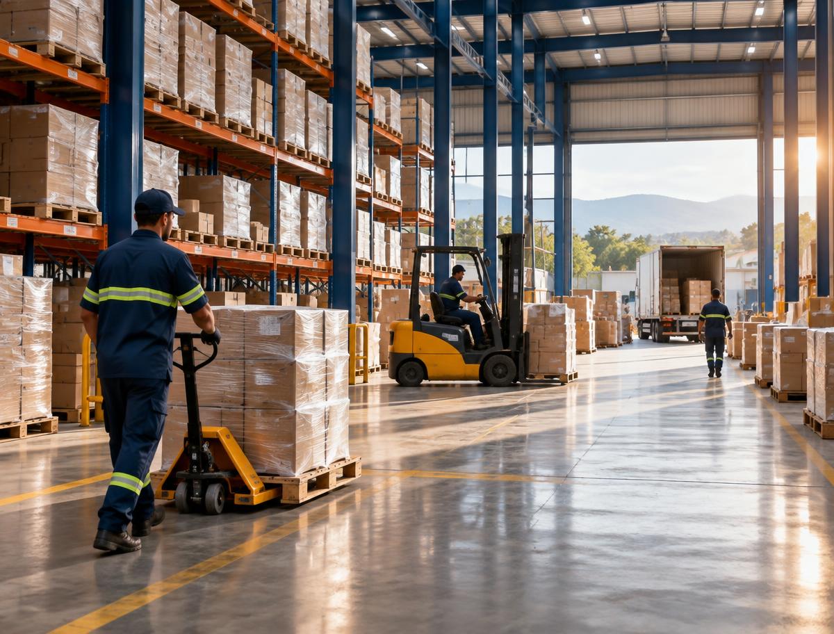 Mercadorias sendo movimentadas em um espaço logístico